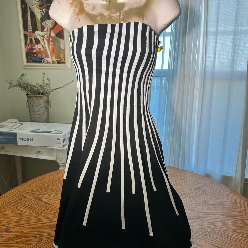 Black and White Striped Strapless Dress